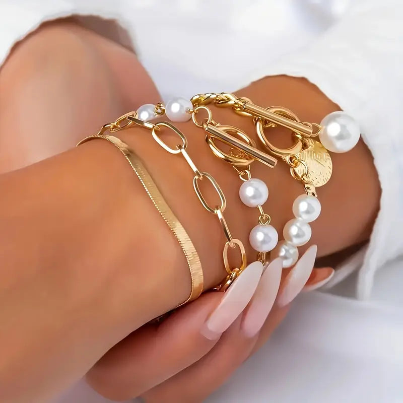Chic Gold 4-Piece Armband-Set - Snake, Perlen & Links | Gold