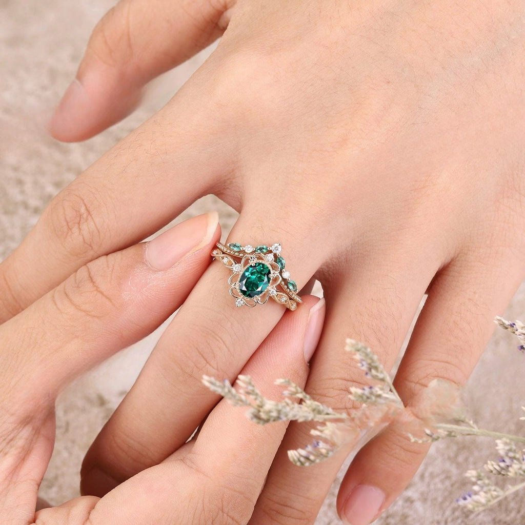 Aurelle Smaragd Crown Ring-Set | Rose Gold